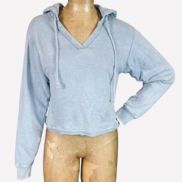 American Eagle Cropped Oversize French Terry V-Neck Hoodie XS Blue #319i - Picture 2 of 16